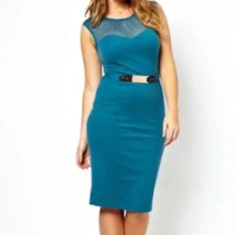 ASOS Fitted Sleeveless Split Back Peplum Belted Teal Blue‎ sheath Dress